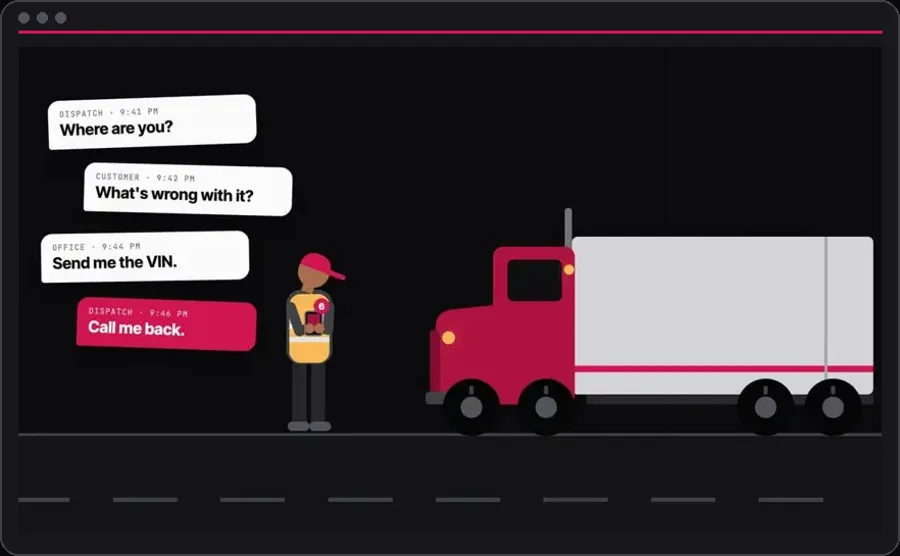 Frame from a MetaFleet product video: a technician at a roadside truck with dispatch messages